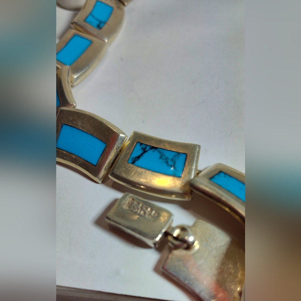 925 Silver Hi and Turquoise Blue Geometric Bracelet Earrings - Picture 2 of 3